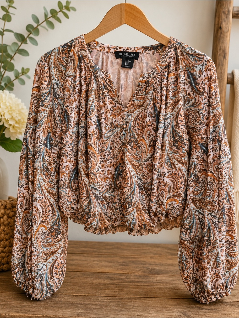 Rachel Zoe Women's Paisley Long Sleeve Boho Blouse Pink Brown Blue Size XS